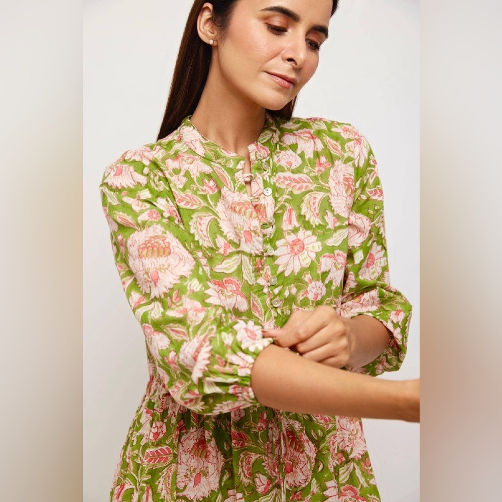 Pacific & Rose Textiles - Hilia Midi Tiered Dress, Pink & Green Floral - Picture 2 of 11